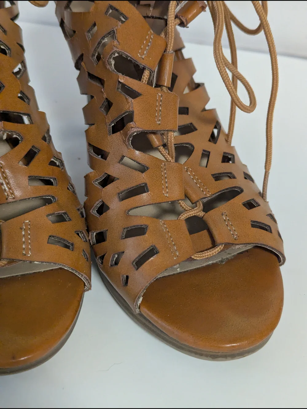 CP Shades Tan Laser-Cut Lace-Up High Heel Sandals